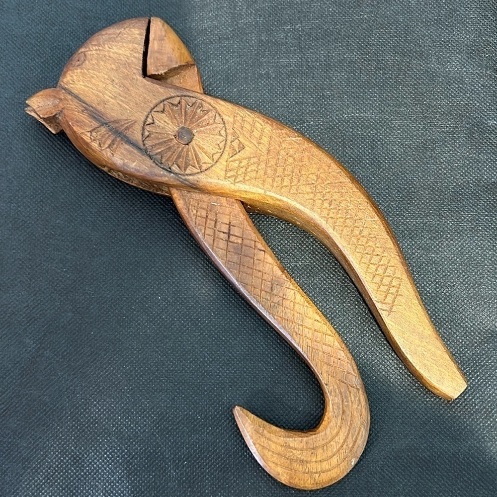 Vintage hand Carved Squirrel Wooden Nut Cracker Plier Design Detailed Folk art